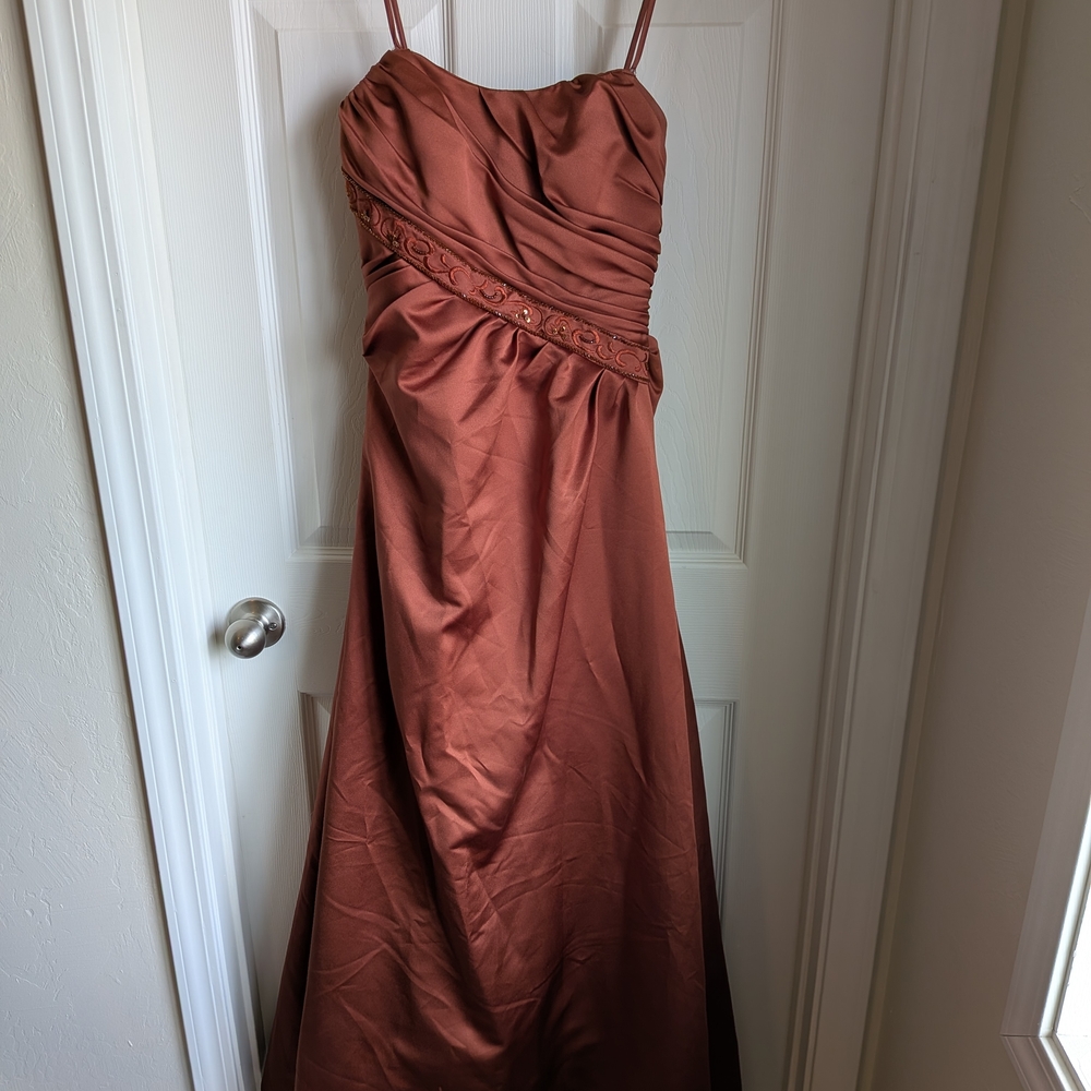 David's Bridal Strapless Copper Ruched Evening Gown